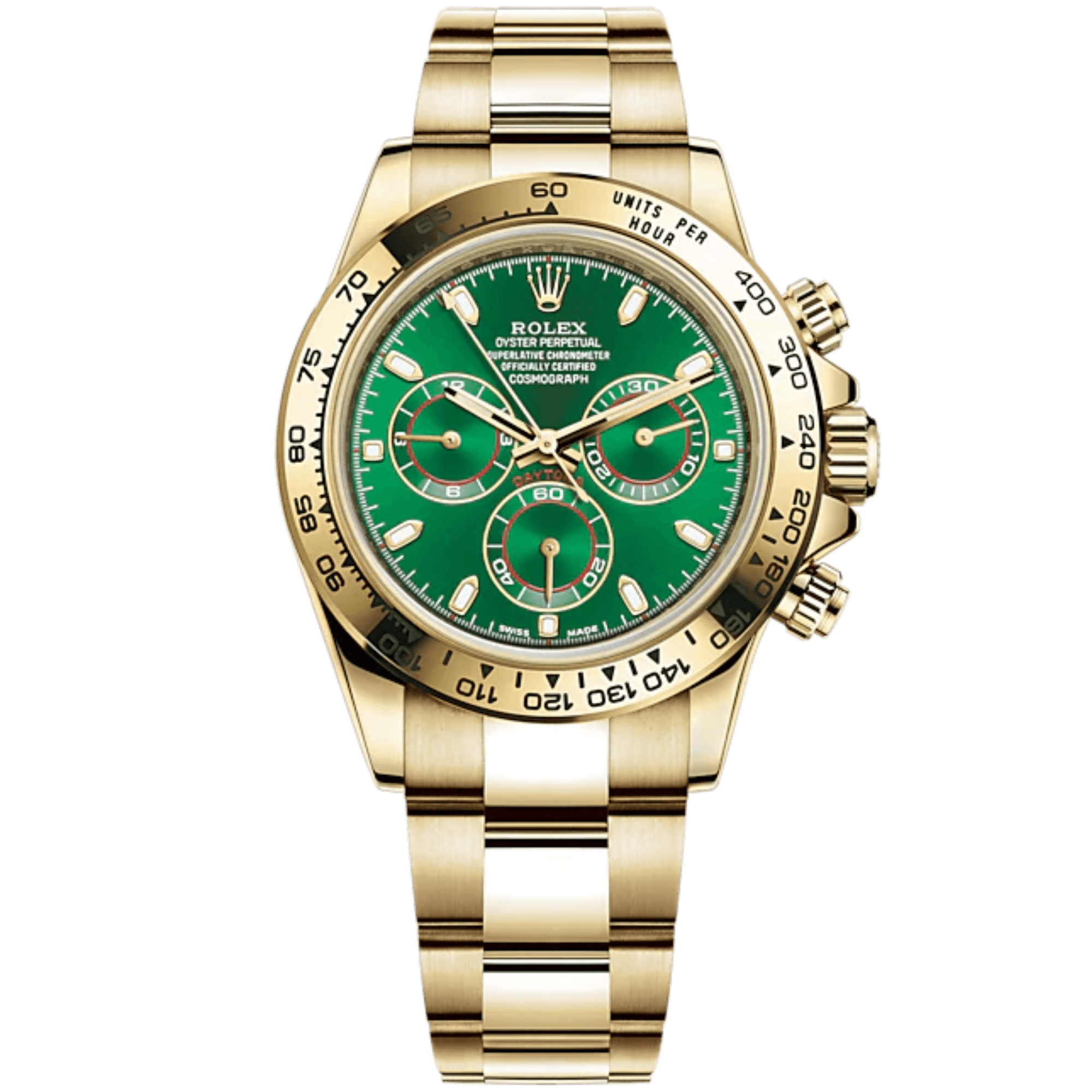 Rolex Cosmograph Daytona John Mayer 40mm Oyster Bracelet Bright Green Dial 18 CT Yellow Gold Bezel — Engraved Tachymetric Scale